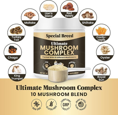 Mushroom Powder for Dogs & Cats - Organic Mushroom Complex for Immunity Support, Immune Function, Cognition, Vitality - Ten Mushroom Supplement with Turkey Tail, Lion's Mane, Reishi - 720 Scoops