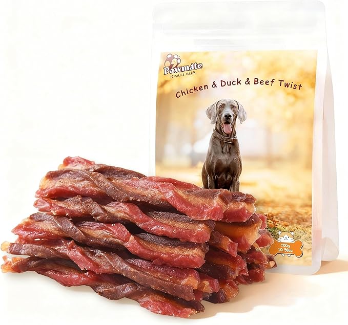 Pawmate Triple Flavored Dog Treats Chicken, Duck & Beef Twists, Healthy Low Fat Dog Jerky Chews, High Protein Training Treats Snacks for Small Medium Large Breed, 10.6 oz