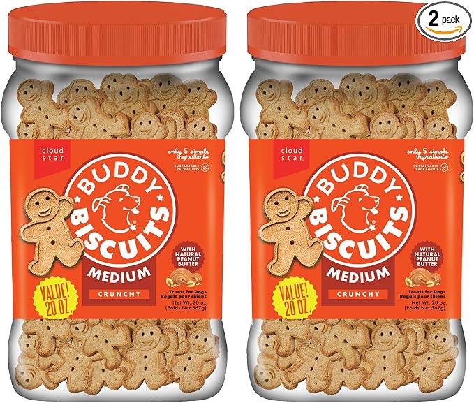Buddy Biscuits Crunchy Medium Dog Treats, Peanut Butter, 20 oz. Jar (Pack of 2)