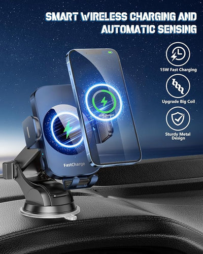 BothLin 3-in-1 Wireless Car Charger Mount, 15W Fast Charging Auto-Clamping Phone Holder for iPhone 17 16 15 14, Samsung Galaxy S24 S23, Dashboard, Vent & Windshield Car Mount(Deep Blue)