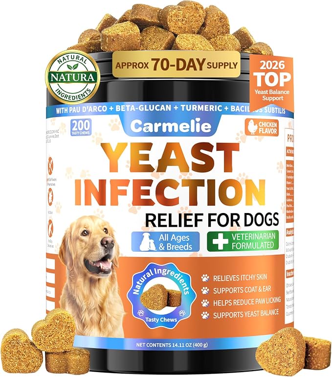 Yeast Infection Treatment for Dogs, 200 Chew Carmelie Yeast Balance Healthy Itch Relief, Ear Paw Care for Dog, Allergy Supports, Inflammation Relief for Dogs, Chinken Flavor (70 Days Supply)