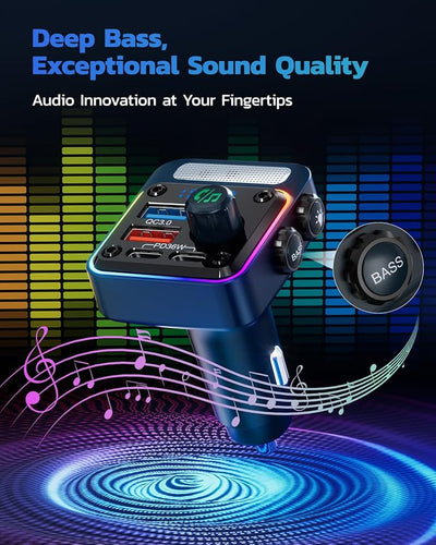 Nulaxy 54W Bluetooth 5.3 Car Adapter with 4 Charging Ports [PD 36W & QC3.0 18W], Wireless Radio FM Transmitter with Deep Bass Player & 5 Colors LED Backlit, Hands-Free Calling - Blue
