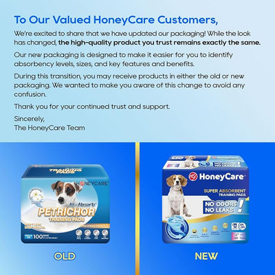 HONEY CARE All-Absorb, Large 22" x 23", 100 Count, Dog and Puppy Training Pads, Ultra Absorbent and Odor Eliminating, Leak-Proof 5-Layer Potty Training Pads with Quick-Dry Surface, Blue, A01