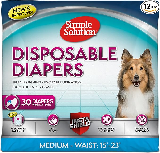 Simple Solution Female Dog Diapers – Disposable Leak-Proof Diapers for Incontinence, Potty Training, and Heat Cycle – Adjustable Fit for Medium Dogs with 15–23 Inch Waist – 30 Count (Pack of 12)
