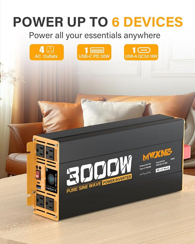 3000W Pure Sine Wave Inverter 12V DC to 110V 120V AC Converter for RV Truck Home Off-Grid Solar Power Inverter with Type-C PD30W/USB Port QC3.0 Quick Charging, 4 AC Outlets, Remote Control