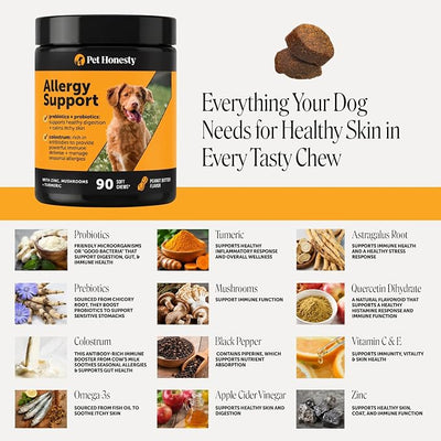 Dog Allergy Relief Immunity Chews - Paw Licking, Itching & Seasonal Allergies - With Colostrum, Probiotics, Turmeric & Salmon Oil - Vet Recommended Anti-Itch Supplement for Dogs (Peanut Butter, 90 Ct)
