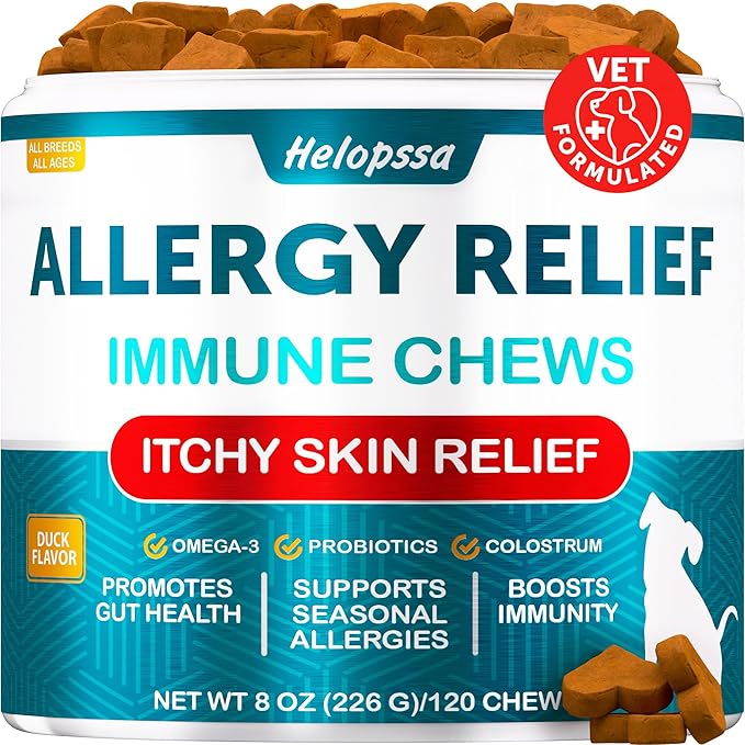 Dog Allergy Chews - Dog Allergy Relief Supplement w/Colostrum, Probiotics - Paw Licking, Itching, Seasonal Changes, Coat - Yeast‑Free for Sensitive Pups - Higher Salmon Oil Levels- 120 Soft Treats