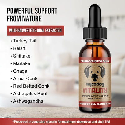 MycoDog Vitality - 20-in-1 Mushroom & Adaptogen Supplement for Dogs - Immune Health, Senior Dog, & Daily Wellness Support - Turkey Tail Mushroom for Dogs, Reishi, Chaga