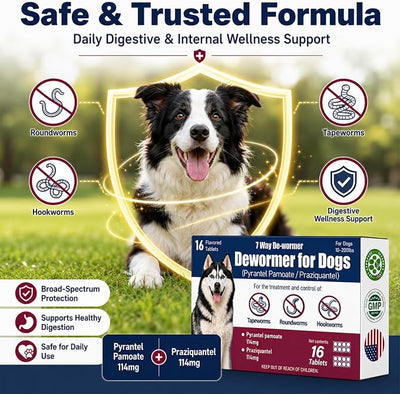 7-Way Dewormer for Dogs, Wormer for Tapeworms, Roundworms & Hookworms in Large Medium Dogs & Puppies (Over 10 lbs), with Praziquantel & Pyrantel Pamoate, 16 Tablets