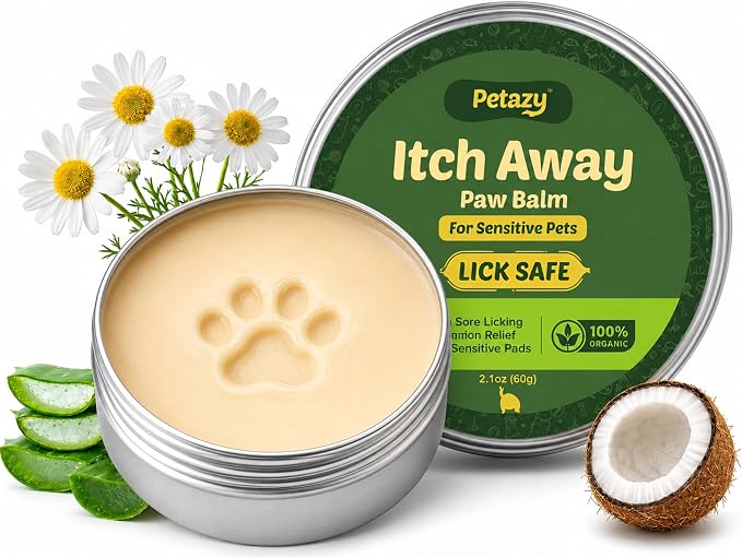 Petazy Dog Paw Balm – Itch Away Formula for Itchy, Dry, Cracked & Irritated Paws | Lick-Safe, Natural Relief with Coconut Oil, Aloe Vera & Shea Butter | Paw & Nose Balm for Dogs & Cats, 2.1 oz