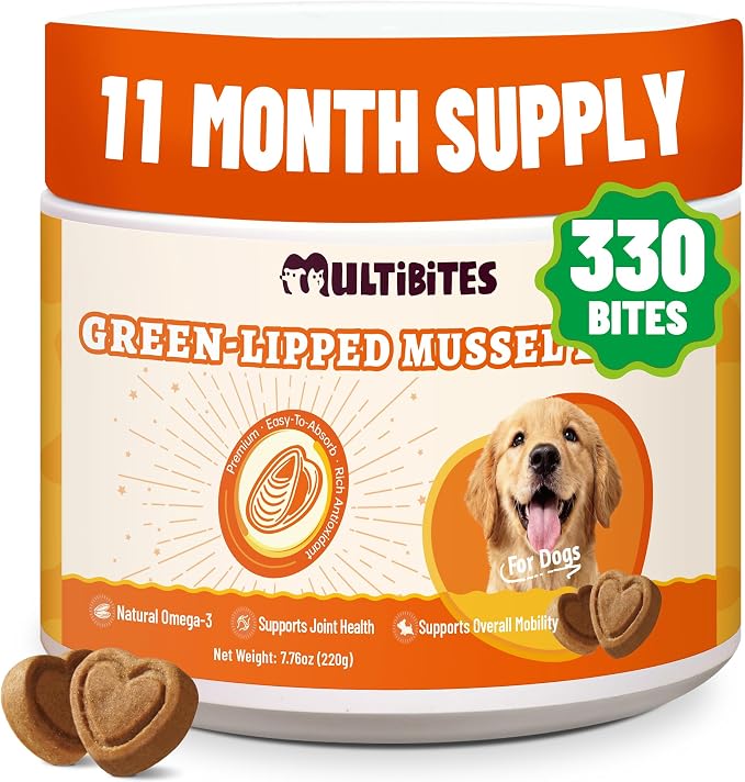 Green-Lipped Mussel Bites for Dogs, Natural Hip & Joint Supplement with MSM, Vitamin E, Omega-3 - Supports Joints Comfort & Promotes Normal Mobility - Large Volume (330 Ct)