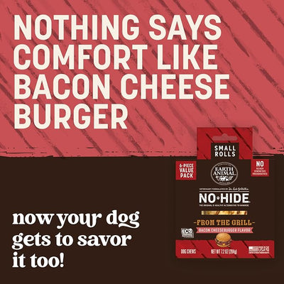 Earth Animal No Hide Chews - from the Grill Rolls Bacon Cheeseburger Flavor Rawhide Free Small Dog Chews - 6 Count