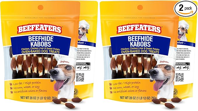 Beefeaters Dog Treats - Beefhide Kabobs 28oz Baked | Dog Food with Real Chicken, Liver & Sweet Potato | Long-Lasting Chew | Promotes Dental Health | Dog Training Treats for All Dog Sizes (Pack of 2)