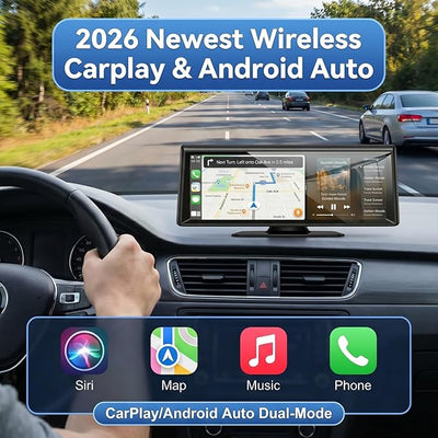 8.1" Portable Wireless CarPlay Stereo with 2K Dash Cam & 1080P Backup Cam | Wireless CarPlay/Android Auto, Voice Control, Split Screen, Plug & Play, 2K Dash Cam + 1080P Rear Cam