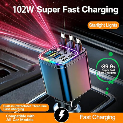 7 in 1 Retractable Car Charger,102W Star Lights Fast Charging Car Charger | Car Charger USB C,Car Accessories,Voltage Smart Display,3 Retractable Type-C Cables for iPhone 17 Pro/16/15,Galaxy S26,Pixel
