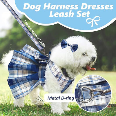 Dog Dress Bowknot Harness Leash Set for Small Dogs Girl Cute Plaid Dog Dress Pearls Bow Tie Spring Summer Princess Clothes Birthday Holiday Doggie Outfits for Puppy Cats Girl Apparel (Black, X-Large)