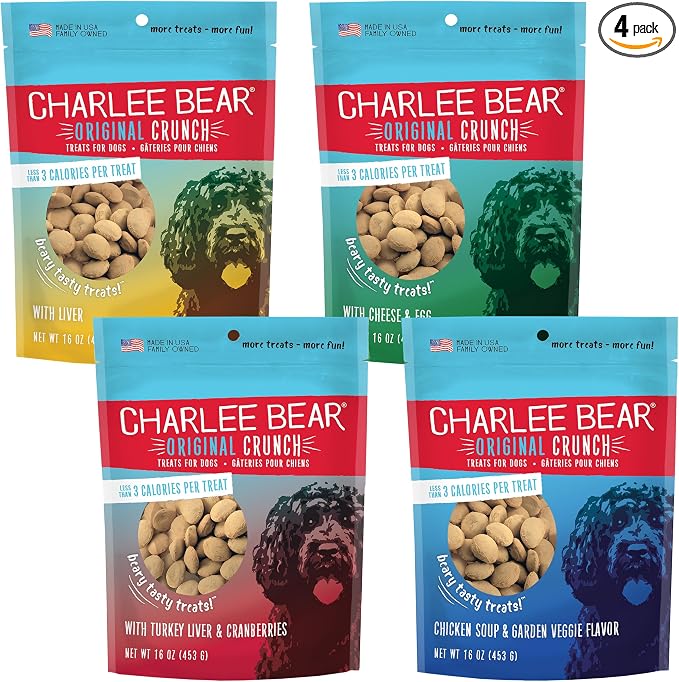 Charlee Bear Original Crunch Dog Training Treats, 4 Flavor Variety Pack, 3 Calories Each, Low Calorie Natural Rewards for Puppies to Adult Dogs, Made in USA, 16 oz (4-Pack)