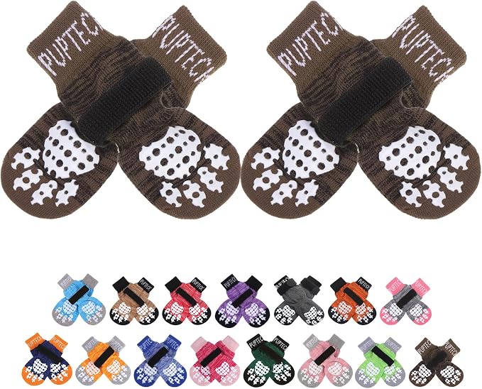 PUPTECK Anti-Slip Dog Socks with Double Sides Grips for Small Medium Large Dogs Hardwood Floors Prevents Licking, Dog Shoes for Hot Pavement Traction Control for Senior Dogs, Coffee Brown M