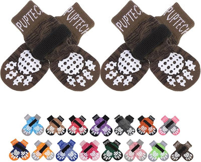 PUPTECK Anti-Slip Dog Socks with Double Sides Grips for Small Medium Large Dogs Hardwood Floors Prevents Licking, Dog Shoes for Hot Pavement Traction Control for Senior Dogs, Coffee Brown M