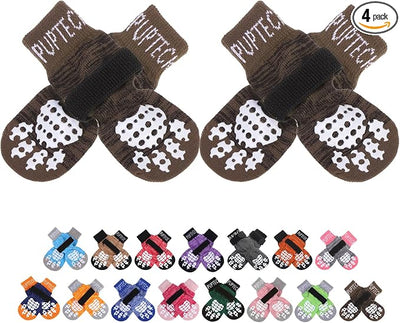 PUPTECK Anti-Slip Dog Socks with Double Sides Grips for Small Medium Large Dogs Hardwood Floors Prevents Licking, Dog Shoes for Hot Pavement Traction Control for Senior Dogs, Coffee Brown XS