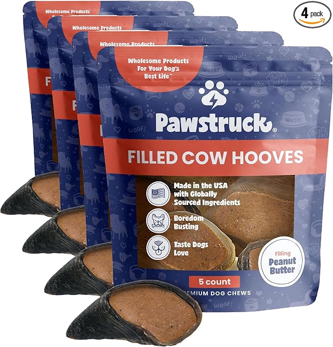 Pawstruck Peanut Butter Filled Cow Hooves for Dogs – Made in USA, Long-Lasting Dental Treats and Chews – Beef Hoof – 5 Count – Packaging May Vary (Pack of 4)