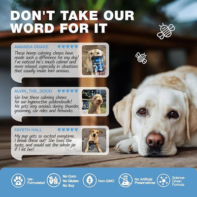 Hemp Calming Chews for Dogs Anxiety - Dog Calming Treats with Melatonin, Valerian Root, Chamomile Extract & Vitamin B Complex - Canine Chews for Vet Visits, Grooming, Travel, Thunderstorms, Fireworks