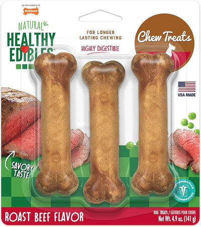 Nylabone Healthy Edibles Natural Dog Chews, Long Lasting Bones for Dogs, Roast Beef Flavor Dog Treats, Small (3 Count)