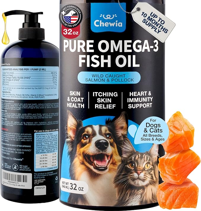 Fish Oil for Dogs and Cats - Skin and Coat Support Supplement for Pets - Omega 3 6 9 Fatty Acids - Itchy Skin, Shedding, Immunity, Joint - EPA DHA - Wild Caught Salmon and Pollock Food Topper