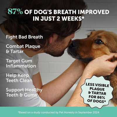 Dog Breath Freshener Dental Powder - Teeth Cleaning Plaque Off + Tartar Remover for Dogs - Care Supplement Food Topper with Kelp, HMP + Postbiotics for Healthy Gums - Mint Flavor (30 Servings)