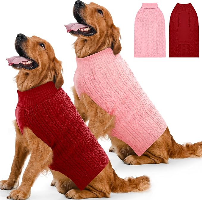 Dog Sweater 2 Pack for Large Dogs, Size XL, Pink & Red | Stretchy cable knit turtleneck, machine washable, high belly cut, comfy winter fit for English Bulldog, Boxer