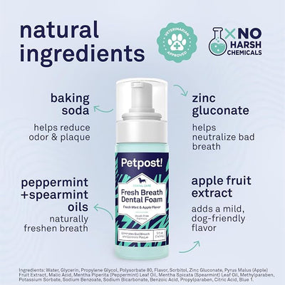 Petpost | Fresh Breath Foam for Dogs - Mint & Apple Flavored Dental Solution that Eliminates Bad Breath - Natural Tooth Cleaning Treatment 5 oz.