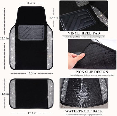 CAR PASS Bling Diamond Car Floor Mats, Shining Rhinestone Carpet Sparkly Glitter Crystal with Anti-Slip PVC Heel Pad Waterproof Universal Fit Automotive SUV,Sedan,Van,Cute Girl Women,4pcs Black Sliver