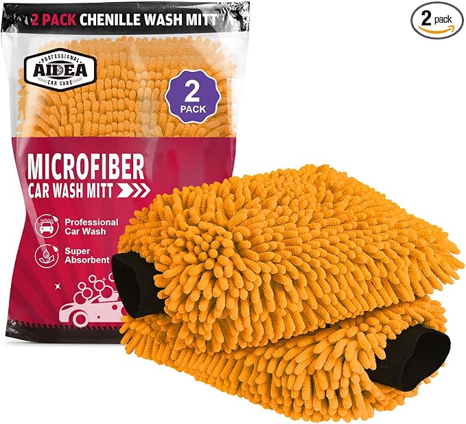 AIDEA Car Wash Mitt Microfiber, 2PK, Car Wash Brush, 7.12''X10.14'' | Scratch Free Lint-Free, Premium Chenille Microfiber Mitt, Cleaning Supplies, Regular Size, Orange