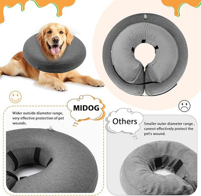 MIDOG Inflatable Dog Cone, Soft Donut Recovery Collar Alternative After Surgery to Help Prevent Licking, Comfy E Collar with Neck Pillow Design, Grey, L+