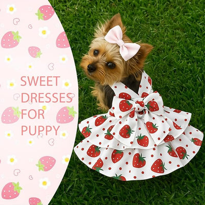 Dog Dress Bowknot Harness Leash Set for Small Dogs Red Strawberry Dog Cat Clothes Cute Puppy Outfits Pet Clothes Spring Summer Breathable Dresses(Medium)