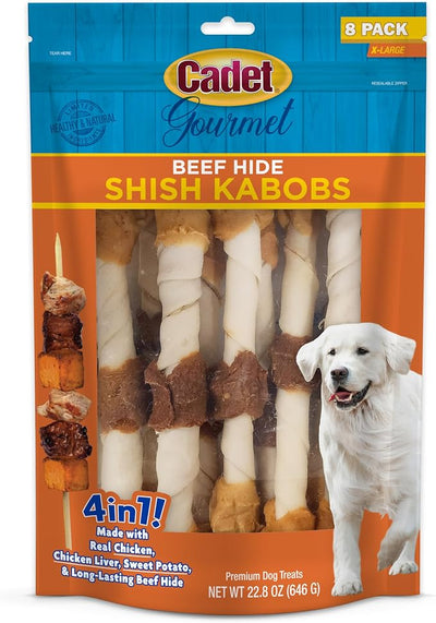 Cadet Gourmet Shish Kabob Dog Chews for Large Breeds, Rawhide Treats for Dogs with Chicken and Sweet Potato, Healthy & Natural Beef Hide, 10-Inch Sticks, 8 Count