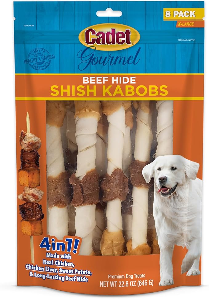 Cadet Gourmet Shish Kabob Dog Chews for Large Breeds, Rawhide Treats for Dogs with Chicken and Sweet Potato, Healthy & Natural Beef Hide, 10-Inch Sticks, 8 Count