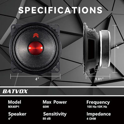 MX40P1 Loudspeaker 4 Inch Midrange 120 Watts 4 Ohms Red Dust Cap, Premium Quality Audio Door Speakers for Car or Truck Stereo Sound System, Black (2 Speakers)
