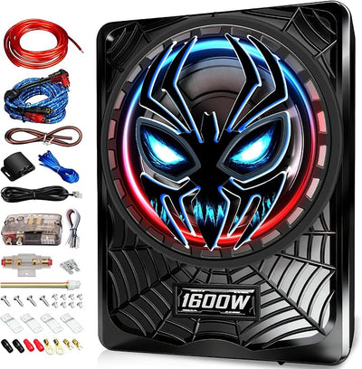 1600W Slim Underseat subwoofers 10" Powered Sub with Amp Package | RGB Ambient Lights, Individual Controls (LPF/Gain/Bass Boost), Distortion-Free Deep Bass, Universal Fit for All Vehicle Models