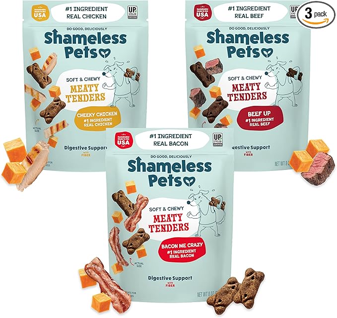 Shameless Pets Soft & Chewy Dog Treats, Meaty Tenders Variety (3-Pack) - Real Meat is 1st Ingredient - Grain Free, No Corn or Soy - Digestive Support - for Small, Medium & Large Dogs