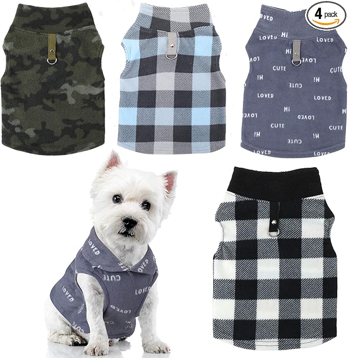 4 Pieces Winter Fabric Dog Sweater with Leash Ring Soft Fleece Vest Dog Clothes Plaid Camouflage Warm Puppy Jacket Pullover Clothes for Small Cat Puppy Chihuahua(M)
