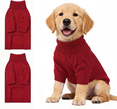 Small Dog Thermal Pullover Sweater, Classic Turtleneck Cable Knitwear Dog Clothes for Cold Weather Warm Pet Clothes for Chihuahua, Bulldog, Dachshund, Pug Red XX-Large