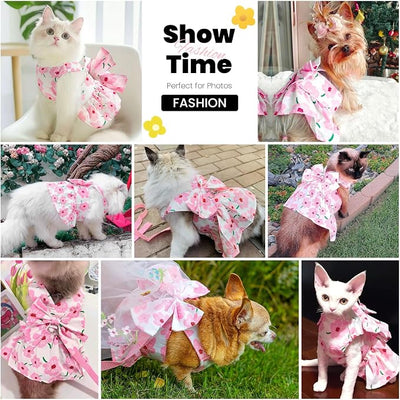 ABRRLO Cute Dog Dress Small Dog Clothes For Girls Female Puppy Outfit Pink Floral Pet Summer Clothes Bowknot Doggy Cat Princess Dress Harness Set for Holiday Birthday Party Costume Clothing (Pink,XXL)