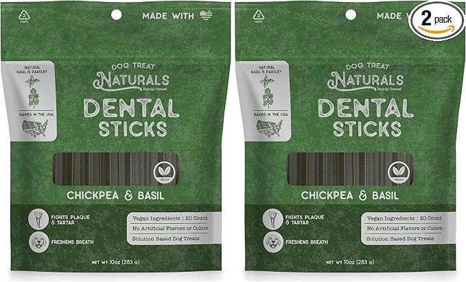 Dog Treat Naturals Chickpea & Basil Dental Sticks 10oz, 20ct | Dog Dental Chew Treats for Small, Medium, Large Dogs | Freshen Breath, Fight Plaque-Tartar | Natural Teeth Cleaning Treats | USA Made
