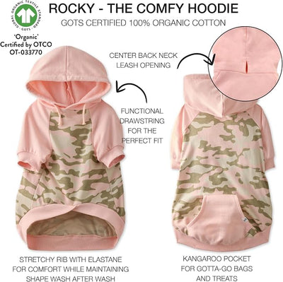 Pet Passion Rocky – The Original Lightweight Hooded Tee 100% Organic Cotton Dog Hoodie Pet Coat Sweater for All Sized Dogs, Pink Half Camo, XX-Small (4-7 lbs)