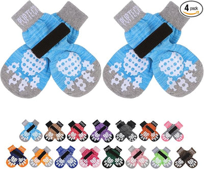 PUPTECK Double Side Anti-Slip Dog Socks with Adjustable Straps for Indoor Wear - 2 Pairs Pet Paw Protection Traction Control Socks on Hardwood Floor