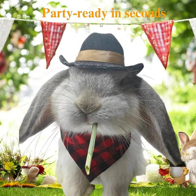 Cute Rabbit Cowboys Hat and Scarf Set, Funny Rabbits Pet Cowboy's Hat Scarf Outfits, Rabbits Dog Cat Pets Halloween Costume Hats Clothes Bunny Stuff Gifts Bunny Accessories (Black-Red Suit)