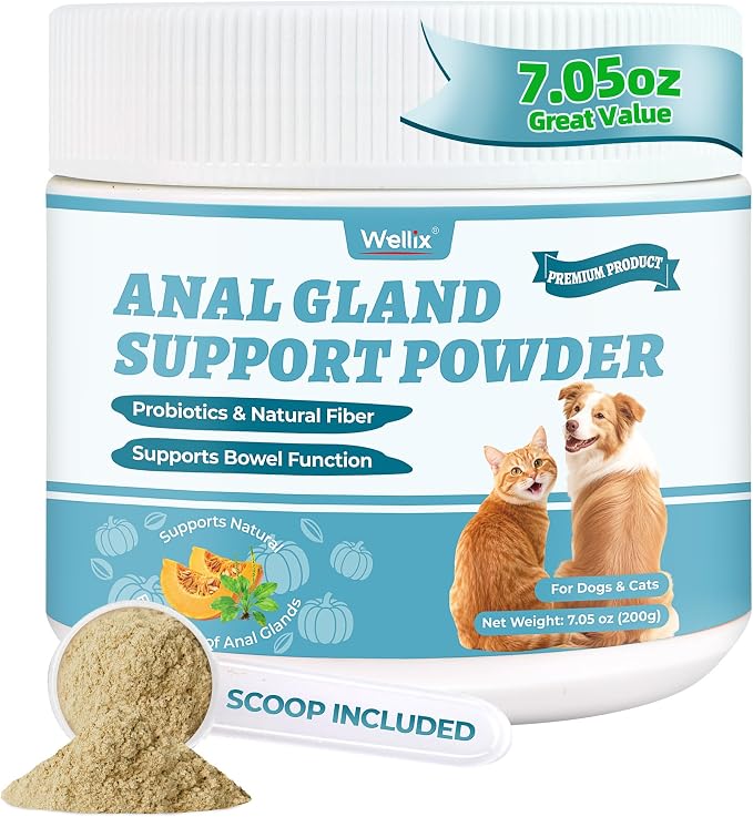 Wellix 7.05 oz Cat & Dog Anal Gland Treatment Powder with Psyllium Husk, Natural Pumpkin Cranberry Formula Dog Analgland Treatment, for Cat & Dog Gas Relief, Digestive Support - Chicken Flavor