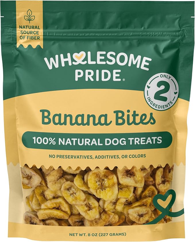 Wholesome Pride Banana Bites Dog Treats – 2-Ingredient Banana Chips for Dogs, Grain-Free, Banana & Coconut Oil, 8 oz