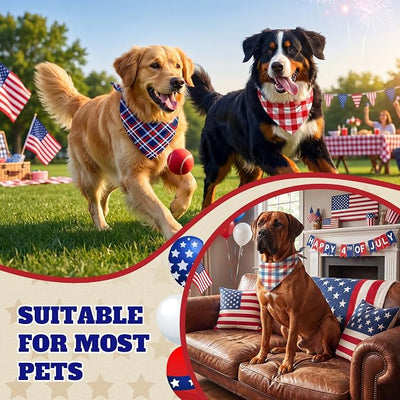 Abbylike 50 Pcs 4th of July Plaid Dog Bandanas Bulk Red White Blue Gingham Bandana for Dogs Triangle Kerchief Bib Scarf for Pet Independence Day 250th Anniversary Patriotic Party Costume, 25 Styles